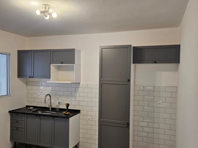 Cozinha compacta cinza com paneleiro e balcão